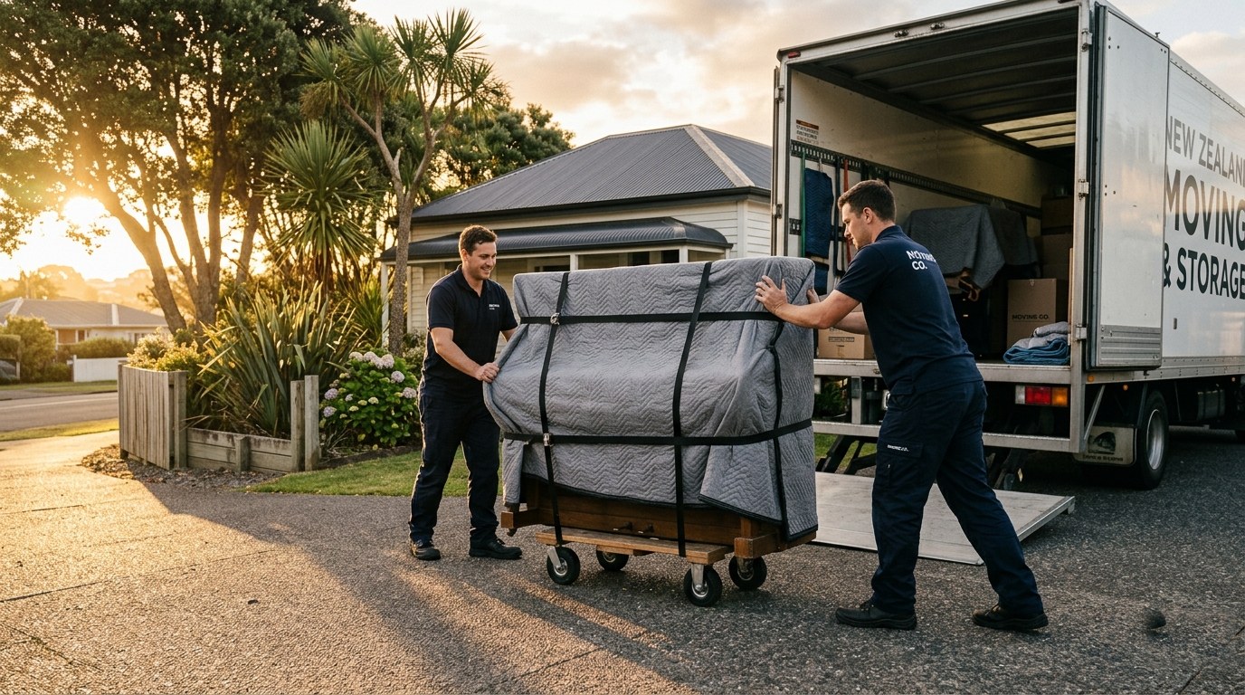 Two movers loading a piano onto a moving truck